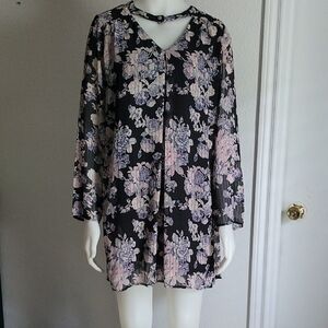 Lilac Clothing Black Floral Long Sleeve Dress with Pink & Purple Flowers